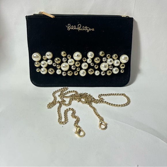 Lilly Pulitzer Cruisin Crossbody Clutch Velvet Pearl Onyx Black Gold Color Chain - Picture 3 of 14